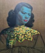 After Tretchikoff Colour print Head and shoulders portrait of a young girl in blue and yellow,