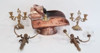 Pair ornate gilt metal candelabra, each with pair foliate scroll sconces on ornate foliate scroll