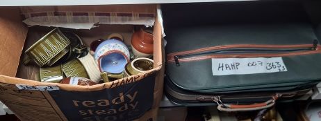 Box of mid century ceramics, principally soup cups, a box of wooden items including small writing