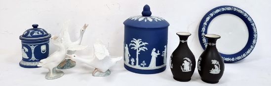 Set of three various Lladro porcelain geese, a Wedgwood blue and white jasperware dish and cover,