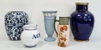 20th century royal blue glazed pottery vase with plated rim and base, a Wedgwood blue and white