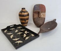 Painted tribal wooden mask, a South Seas/Oceanic carved wooden bowl with animal head and tail