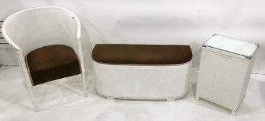 Loom ottoman, a chair and a laundry basket, all painted white (3)