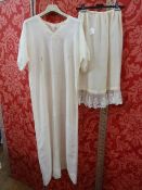 Cream silk full-length nightgown with drawn thread V-neck detail to the collar and to the sleeves,