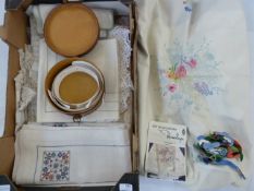 Large undyed linen drawn work tablecloth, a linen embroidered tablecloth, a part embroidered linen