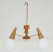 20th century three-branch ceiling light, wooden, with white translucent shades, 52cm approx