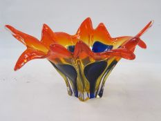 Murano glass bowl modelled as a splash of water in motion, in shades of orange, blue and yellow,