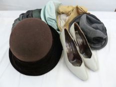 Various Sandra Phillips raw silk and other hats and a pair of Charles Jourdan pale grey court