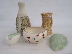 Arthur Wood bowl decorated with red and black leaves, a Bretby pottery wall hanger, a Sylvac pottery
