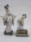 Lladro figure of a Japanese lady in kimono, kneeling over blossom in a vase, 19cm high (damaged) and