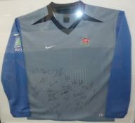 Rugby World Cup 2003 away shirt with team signatures, framed, 80cm x 90cm