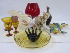 Two Beswick pottery woodpeckers, a USSR model tiger, a USSR model cat, a 20th century glass and