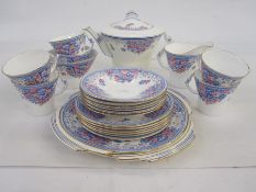 Royal Albert tea service, for six, with angular handles, teapot and bread and butter plates,