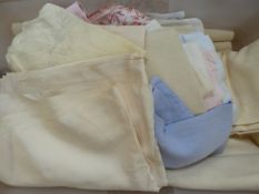 Large quantity of assorted table linen and bed linen to include a large length of cream silk (1box)