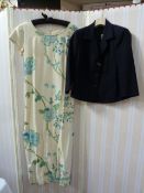 Silk full-length printed dress made in Honolulu, printed with turquoise and blue floral pattern, a