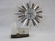 Metamec quartz sunburst-style wall clock in silver-coloured metal and wood-effect plastic rays, 60.