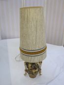 West German style pottery vase/table lamp with large cylindrical beige shade, decorated with