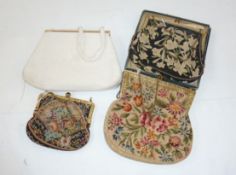 Vintage petit point evening bag with gilt metal fixed frame, with faux pearl detail and coloured