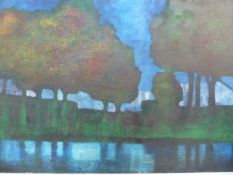 Bill Young 1929 -2012 oil on canvas River landscape with tree reflections, 80 cms x 120 cms,