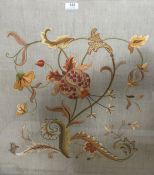 20th century floral embroidery in yellow and orange, in rectangular frame, 52cm x 58cm and another