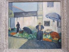 P Blackmon (20th century school) Oil on board Market scene, signed lower right and dated 1996,