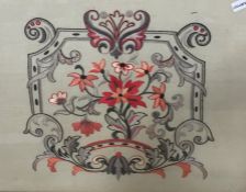 20th century embroidery with floral and scroll cartouche, in red, pink and grey, 53cm x 45.5cm, in