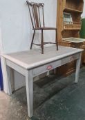 Grey painted desk/table and a single mahogany and inlaid bedroom chair (2)
