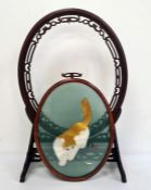 Chinese hardwood oval frame on stand with pierced and carved decoration and with associated