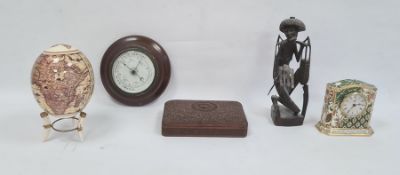 Eastern carved hardwood trinket box, rectangular, aneroid barometer, ceramic decorative egg,