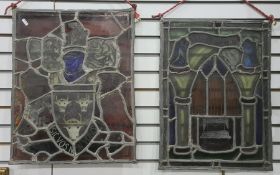Stained glass panel depicting a coat of arms with painted decoration and the motto 'Sic vos non