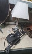 Modern anglepoise style reading desk lamp and a silver coloured metal table lamp with shade (2)