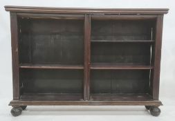 Stained wood double three-tier bookcase with fluted uprights, on turned bun feet, 135cm x 93.5cm