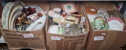 Assorted ceramics to include a figure of a Chinese immortal, various meat plates, glass water jug,