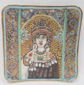 Italian pottery dish of square form, decorated with a woman on a gold ground, in a Byzantine