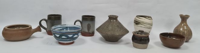 Stoneware vase with lined decoration, indistinctly signed, 13cm high, another vase in green and