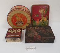 Quantity of vintage tins including OXO Cubes, a Peek Frean & Co coronation tin, a leather stamp