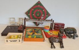 Schoenhut part circus set - articulated elephant and donkey, chairs and barrels, a wooden rocking