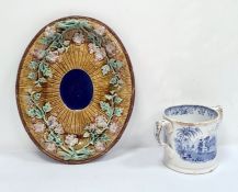 Victorian majolica oval dish decorated with rose branches in relief, on a rustic ground, unmarked,