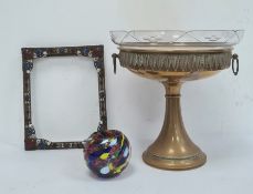 Brass picture frame decorated with enamel scrolls and applied paste, 26.5 x 21.5cm, a brass bowl,