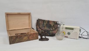 Penwork and painted walnut casket, rectangular, three model cars, quartz mantel clock and a small