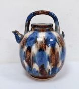 20th century large blue and brown treacle type glazed teapot, ovoid shaped, with short spout, 33cm
