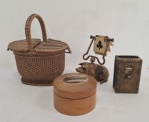 19th century miniature straw work basket, a mauchline ware box with a view of the Bridge of Allan, a