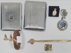 Small collection of items to include gold-plated cufflinks, Armed forces pin badge, two copper