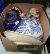 Blue overlay flash glass vase and  small sweetmeat dish, a Willow pattern tureen, lidded, and