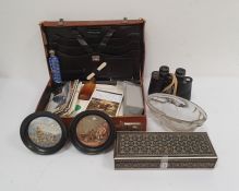 Pair of Swift Triton 7x.35 binoculars, a quantity of shells, two pot lids, a leather suitcase and