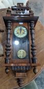 20th century mahogany wall Vienna regulator-style clock with brass and enamel-effect dial, Roman