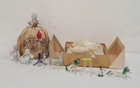 Quantity of Murano glass animal ornaments, a pin cushion modelled as a lady with embroidered dress