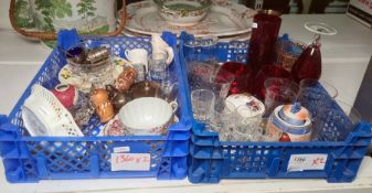 Various assorted engraved tumblers, cranberry style glass, EPNS cruets, etc. (2 boxes)