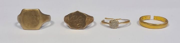 Two 9ct gold signet rings (8.9g) and a 22ct gold wedding band (cut 2.9g) and a yellow metal ring