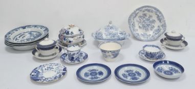 Four Davenport blue and white bowls decorated with flowers and fences, a Victorian blue and white